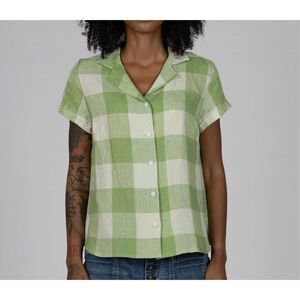 Pyne & Smith 100% Linen Gingham Short Sleeve Button Up Blouse size Small